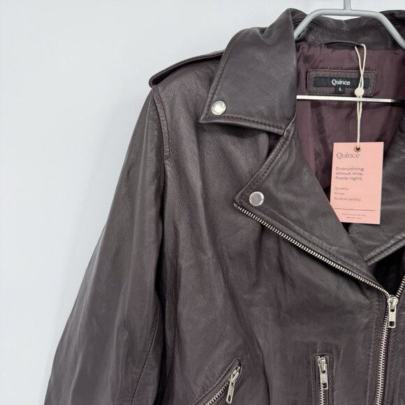 Quince Women's Port Leather Motorcycle Jacket size L Large Sheep Leather Belted - Picture 2 of 12